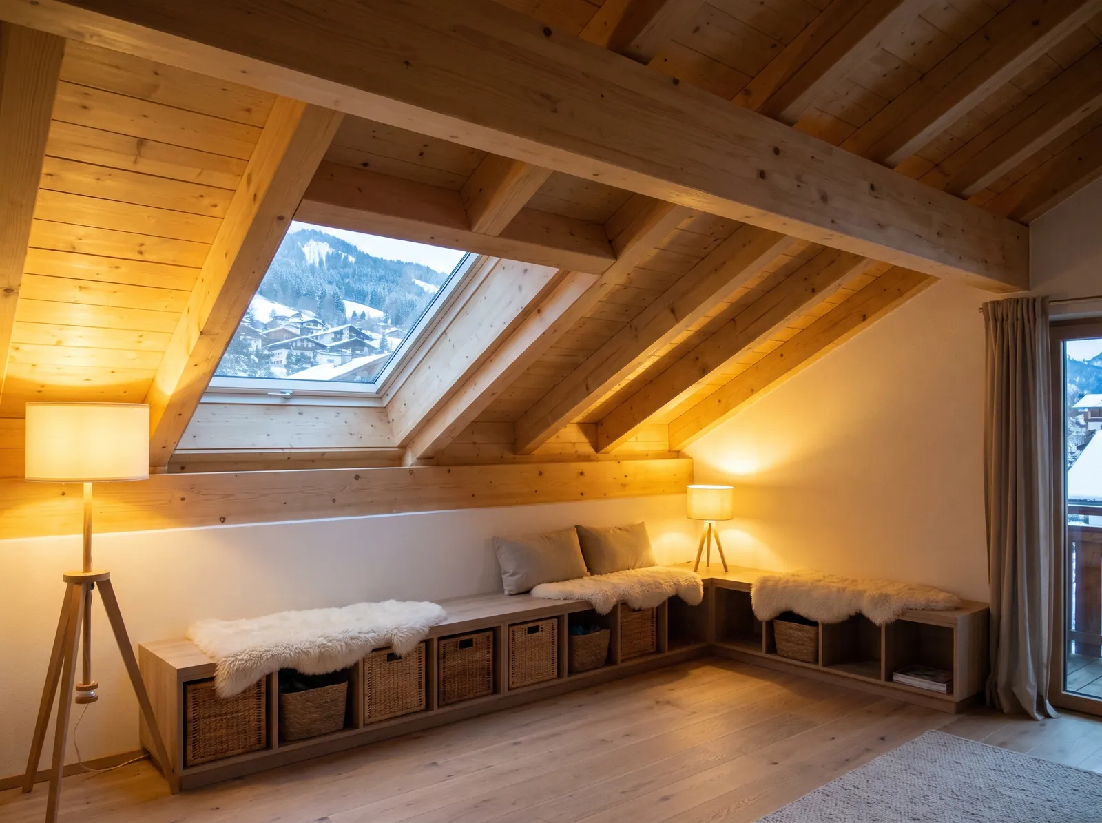Ausgebauter Dachraum mit heller Holzdecke und Sitzbank am Kniestock