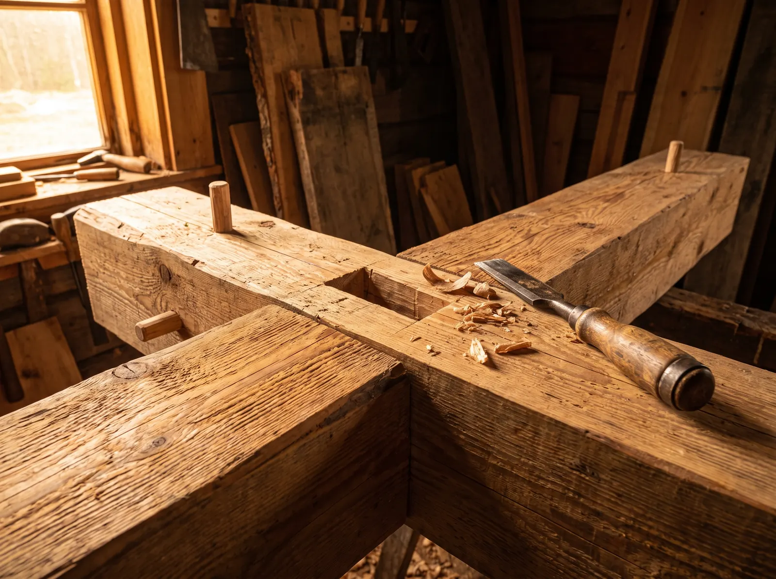 Zapfenverbindung zweier Fichtenbalken mit Holznägeln und einem Stemmeisen
